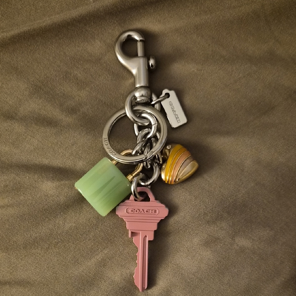 Coach Silver and Pink Keychain with Green and Gold Accents